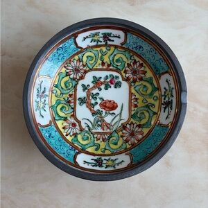 Vintage Chinese porcelain ashtray with metal rim. Rare